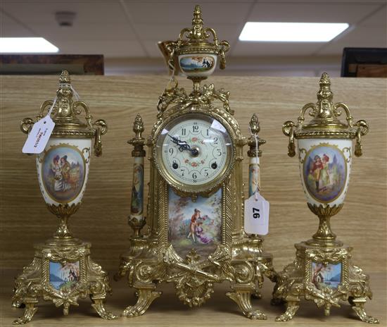 A Franz Hermle modern gilt metal and porcelain clock garniture, H 42cm (clock)